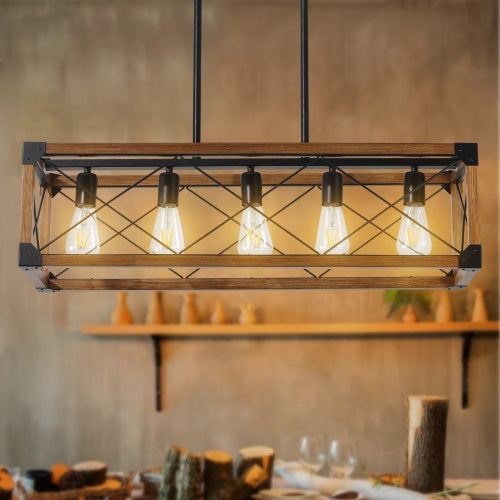 5 Light Vintage Farmhouse Chandelier For Kitchen, Rustic Chandelier Light Fixture For Kitchen, Living Room or Dining Room, Walnut Chandelier
