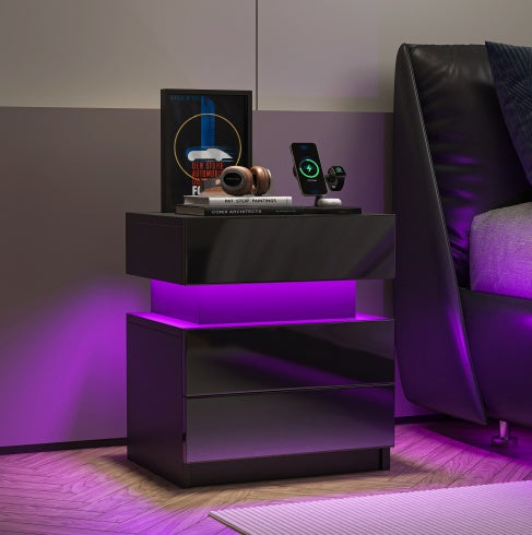 LED Bedside Table Nightstand, Modern Black Nightstand With Led Lights And 2 High Gloss Drawers, Black