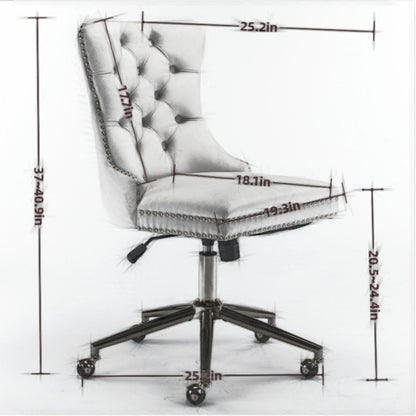 Velvet Fabric Tufted Button Home Office Chair, Adjustable Swivel Office Chair With Wheels, Beige
