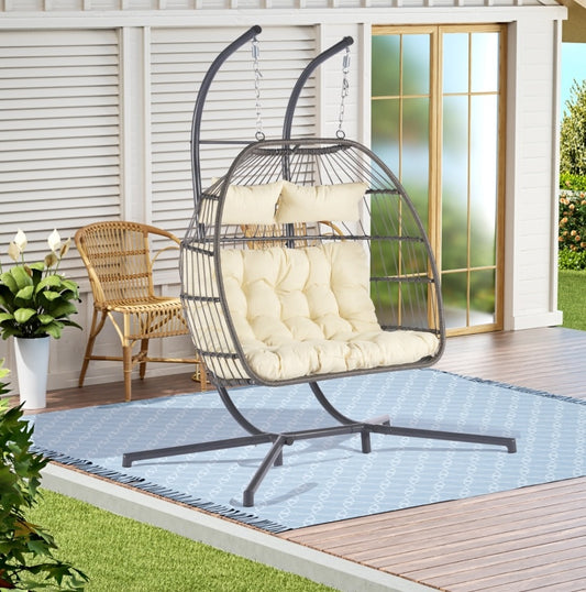 2 Person Outdoor Rattan Hanging Egg Chair, Patio Wicker Egg Chair
